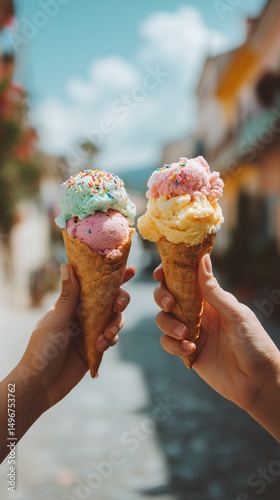 Two Hands Holding Colorful Ice Cream Cones on a Sunny Day Featuring Pink Green and Yellow Flavors Against a Blurred Background of Buildings and Blue