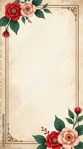 Vintage floral border on antique paper with red and pink flowers.