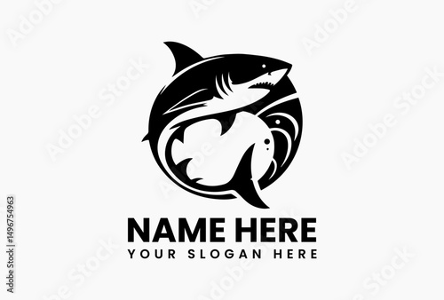 Bold predatory shark silhouette cutting through stylized water splashes in monochrome vector. Marine life emblem  