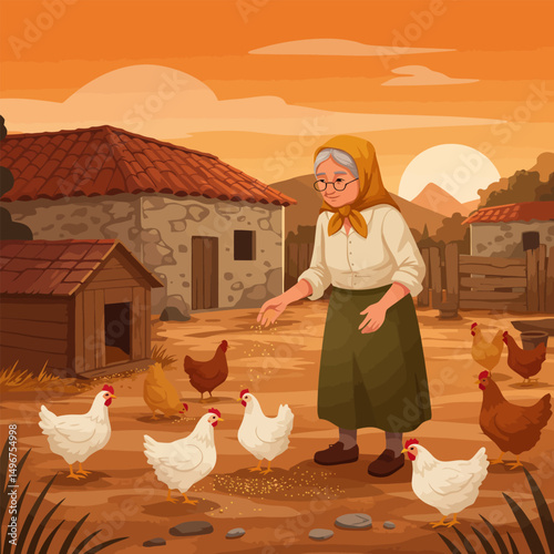 Feeding Chickens on a Farm at Sunset with Woman and Buildings
