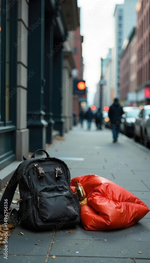Obraz premium A lone figure's belongings, a tattered backpack and a sleeping bag, sit discarded on a city sidewalk, symbolizing urban homelessness and its harsh realities , need, support, shadow