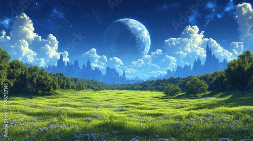 Lush meadow beneath a celestial body, distant city. Serene, ethereal landscape