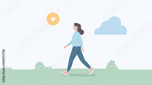 Happy woman walking sunny park.
