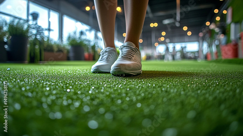 Woman's feet in white sneakers on artificial turf in a fitness center.