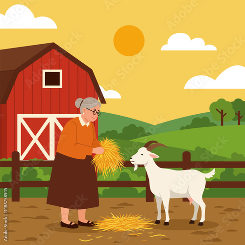 Woman Feeding Goat with Hay on Farm During Sunny Day