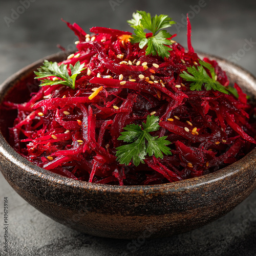 Vibrant Beet Salad with Fresh Parsley and Sesame Seeds in a Rustic Bowl a Healthy and Colorful Dish on a Dark Textured Background Close Up
