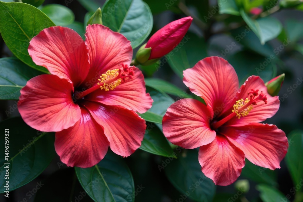 Bold hibiscus blossoms, vibrant tropical leaves , background, summertime Bold hibiscus blossoms, vibrant tropical leaves , background, summertime