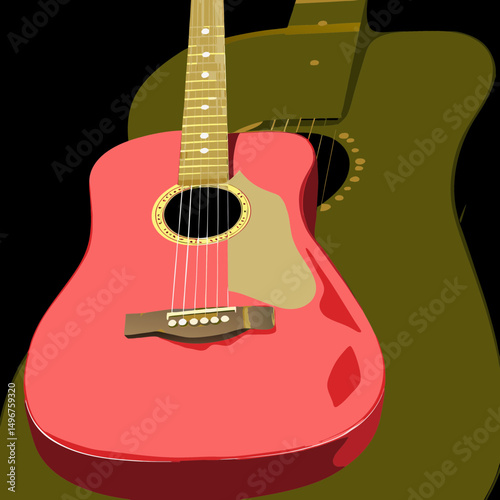 Illustration of a red acoustic guitar with shadowed guitar in background