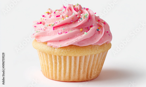 Delicious Vanilla Cupcake with Pink Frosting and Sprinkles on White Background Perfect for Birthday Parties Celebrations or Sweet Treats Studio Shot Isolated Close Up High