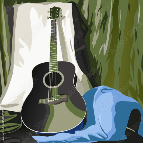 Acoustic guitar resting against a white cloth with a green backdrop