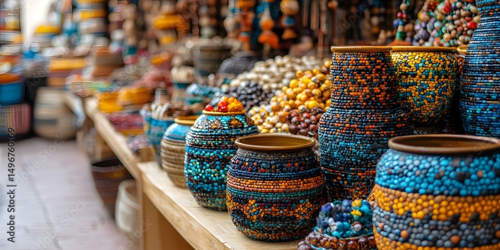 Fototapeta premium Vibrant Beaded Pottery at a Lively Market