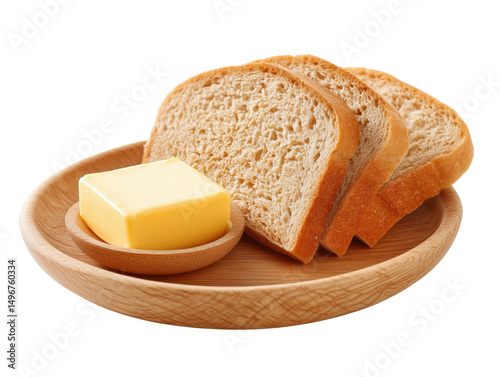 Slices of whole wheat bread with butter on a wooden plate, simple breakfast concept