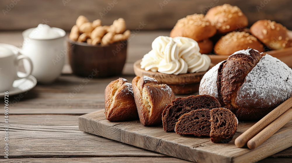Fototapeta premium Variety of freshly baked bread and pastries, including chocolate loaf and croissants, are displayed on wooden board. Whipped cream and nuts are in background, creating cozy bakery atmosphere