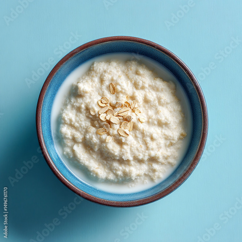 Overhead shot of a bowl of creamy porridge with milk topped with oat flakes presented on a light blue background conveying a sense of healthy
