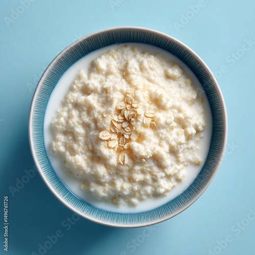 Overhead View of Creamy Oatmeal Porridge with Milk and Rolled Oats Topping in a Blue Bowl on a Light Blue Background Healthy Breakfast Food Concept