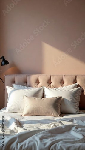 Elegant textured headboard background featuring subtle geometric patterns and soft lighting, perfect for design projects and mood boards , silk, material