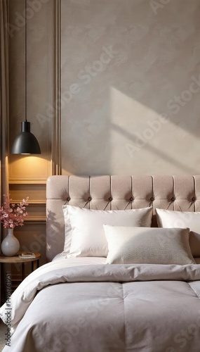 Elegant textured headboard background featuring subtle geometric patterns and soft lighting, perfect for design projects and mood boards , decor, cream