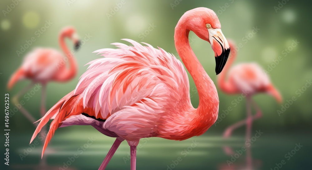 Obraz premium Elegant pink flamingo wading in a tranquil shallow pond illustration