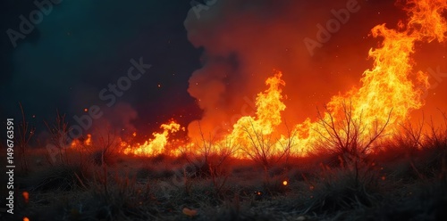 Intense, vibrant flames engulfing dry brushwood in a dramatic wildfire scene  The fire crackles and spreads rapidly, creating a powerful display of nature's destructive beauty ,  dry,  smoke