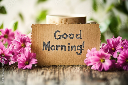 Floral Arrangement with 'Good Morning' Card and Coffee Mug for a Positive Start