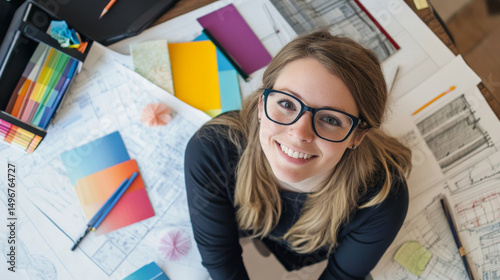 Creative Architect Workspace with Blueprints and Color Samples