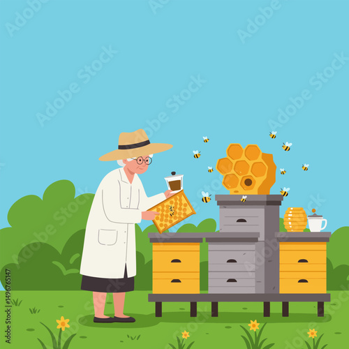 Inspecting Beehive Frame Worker Wearing Hat with Bees Flying Around