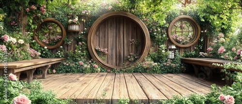 Enchanted wood stage with benches, framed by roses and round doors with a rustic charm