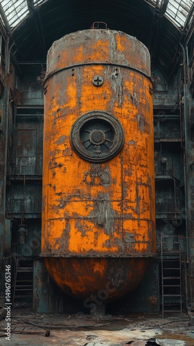 Decaying orange tank in a rusty factory, weathered and industrial