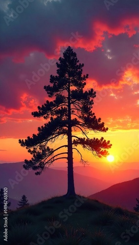 A solitary pine tree stands tall against a dramatic sunset sky, its silhouette stark and beautiful  The scene evokes feelings of peace, solitude, and the enduring power of nature ,  nature,  woodland