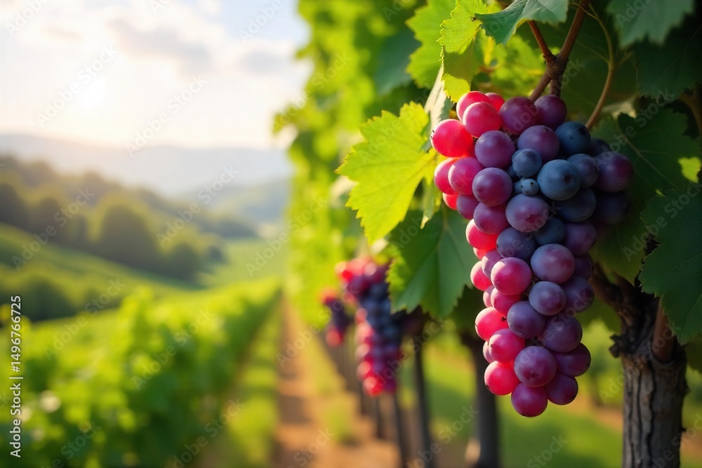 Fototapeta premium Sun-drenched Pinot Noir grapes hanging heavy on the vine, ready for harvest at a picturesque winery Lush foliage and rolling hills create a stunning backdrop , rows of vines, oregon, viticulture