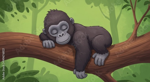 Sleeping gorilla on a tree branch in a jungle setting, relaxing scene