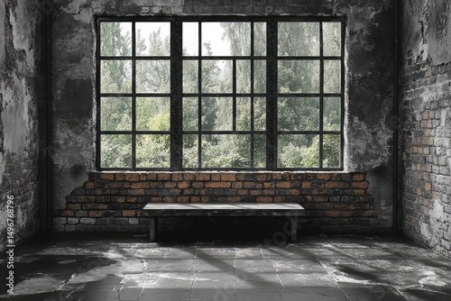 Industrial room with a large window viewing trees, a brick wall section and bench