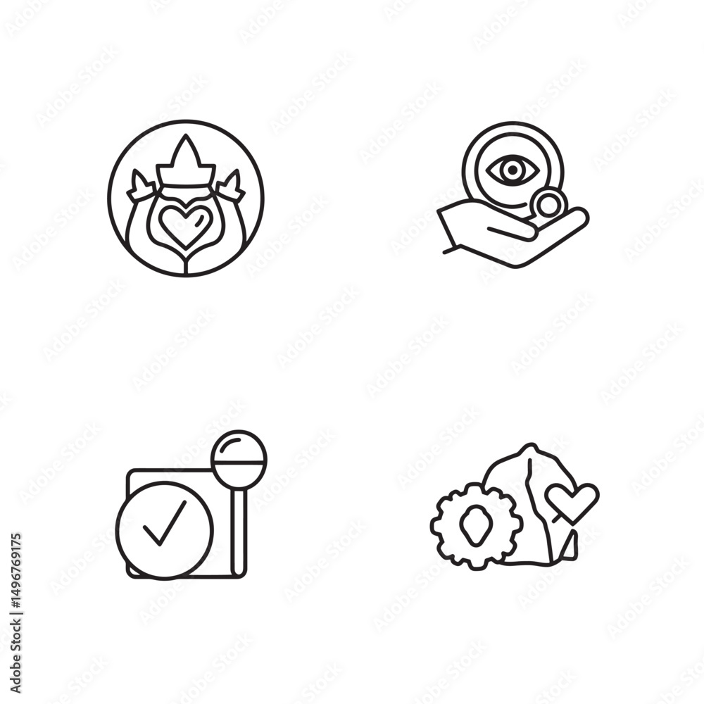 Simple outline icons representing various concepts including love vision and approval