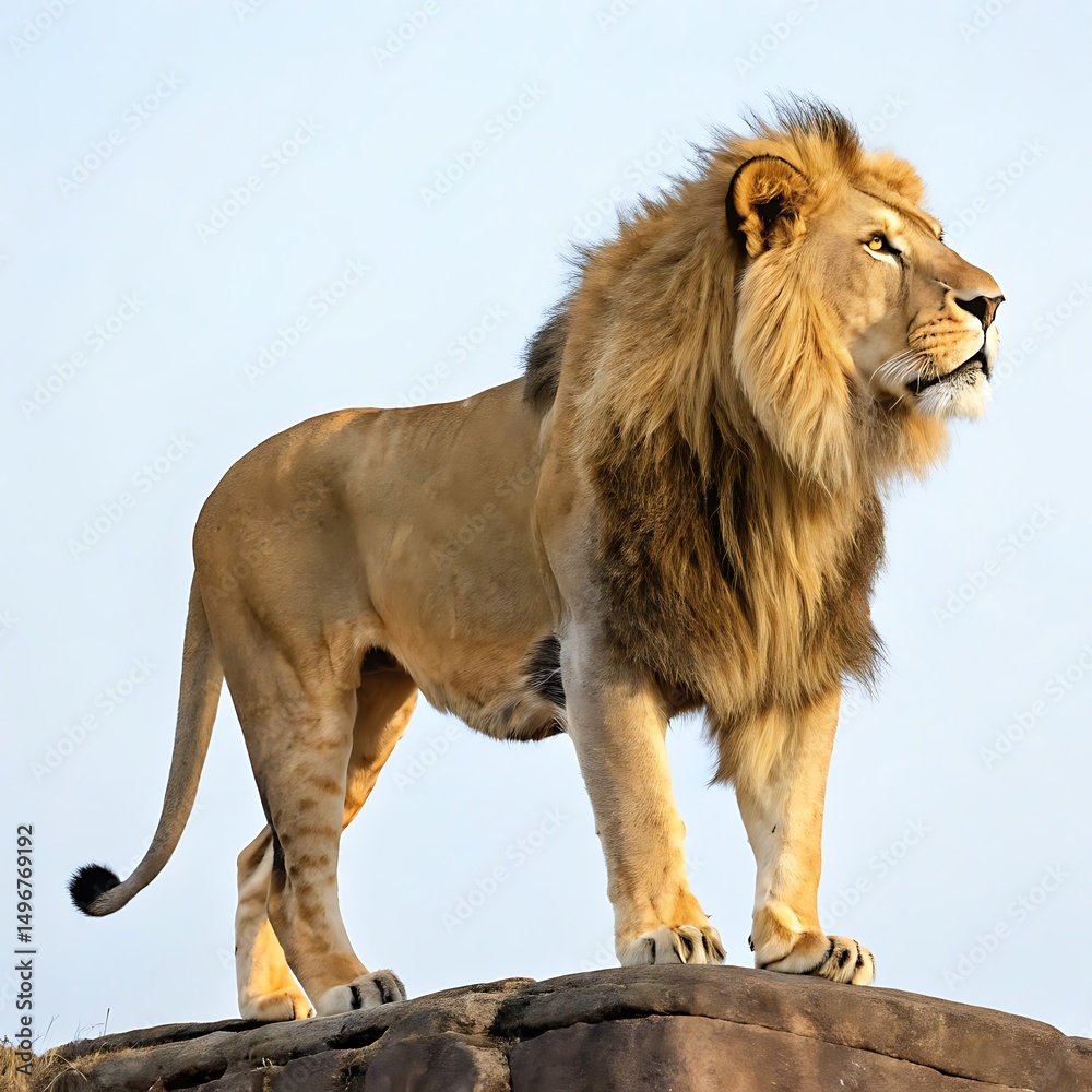 Obraz premium Male lion standing on a rock in the savannah of africa
