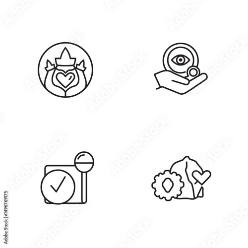 Simple outline icons representing various concepts including love vision and approval