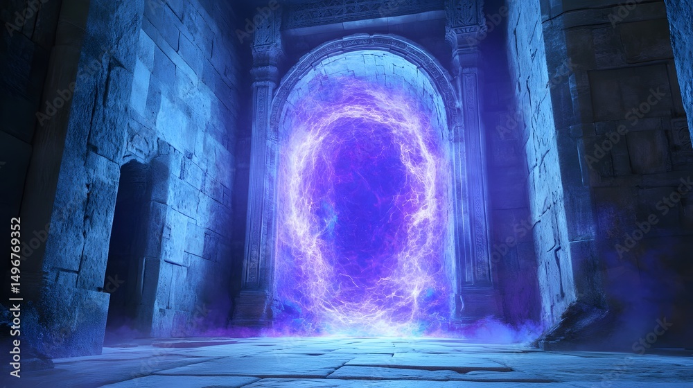 Fototapeta premium High fantasy scene of an arcane portal with blue and purple glowing energy carved into ancient stone in a forgotten temple