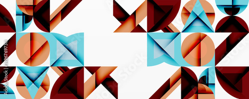 Abstract geometric pattern. Shapes overlap, creating complex visual texture. Colors include brown, blue, orange, white.