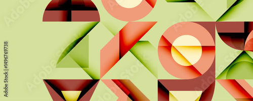 Abstract geometric shapes overlap, creating colorful patterns. Soft green background complements red, orange hues. Modern design.