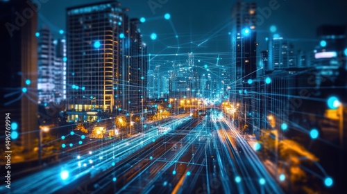 Futuristic interconnected city network with vibrant digital connections