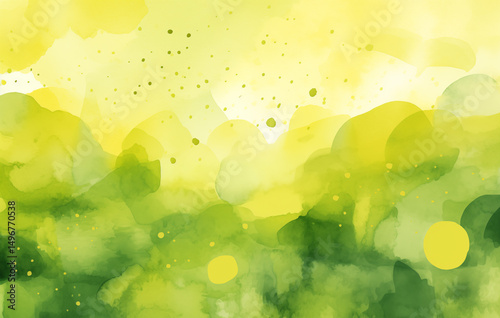A tranquil watercolor design showcases a blend of yellow and green shades, creating an ethereal atmosphere that evokes the essence of a peaceful landscape filled with lush vegetation