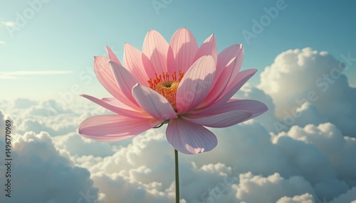 Dreamy pink lotus flower floats serenely amidst a fluffy cloudscape under a bright blue sky.