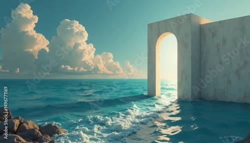 A serene ocean scene with a minimalistic architectural archway opening to light, on a peaceful day