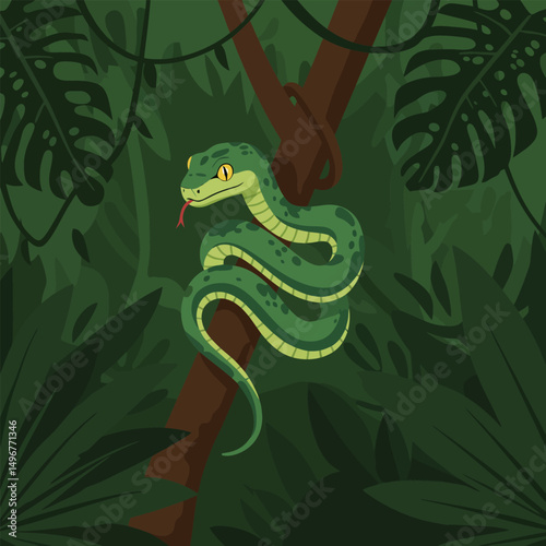 Coiled Green Snake Climbing on Tree in Dense Jungle Foliage