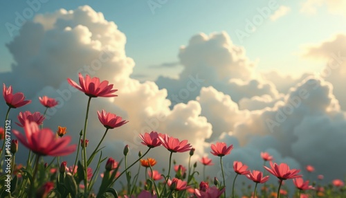 Low angle captures pink cosmos flowers blooming in a field under a majestic sky filled with clouds.