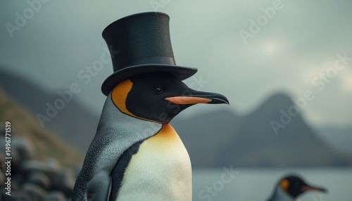 A stately penguin wearing a top hat strikes a dignified pose in a serene landscape setting.