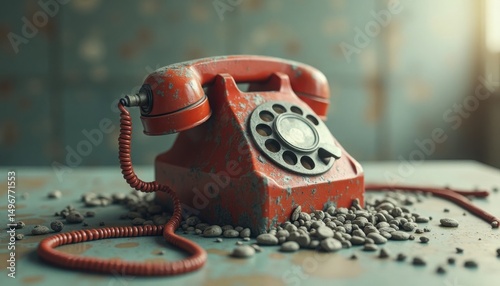 An old, weathered red rotary telephone sits amidst small rocks on a textured surface indoors.