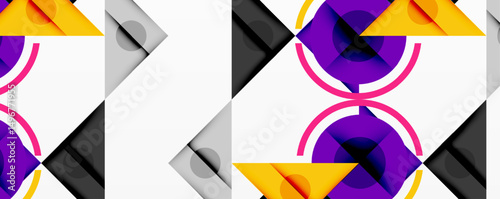 Abstract geometric pattern. Repeating shapes, purple, yellow, gray tones create modern design. Clean lines, symmetry present.