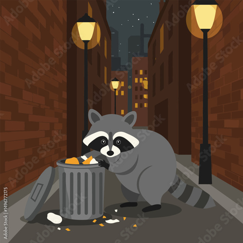 Raccoon Foraging in Trash Can on a Dark Urban Alleyway