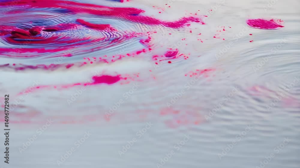 Pink and purple paint splash on rippled water surface creating abstract patterns and circular waves with light reflections artistic.
