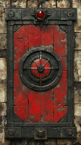 Intricate red and grey decorated panel set into a stone wall
